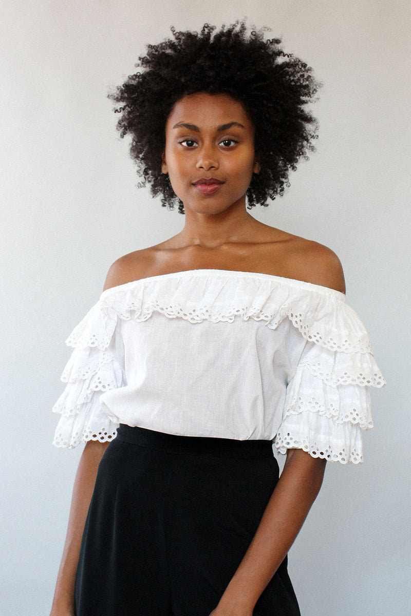 Tiered Eyelet Off-Shoulder Blouse XS-M