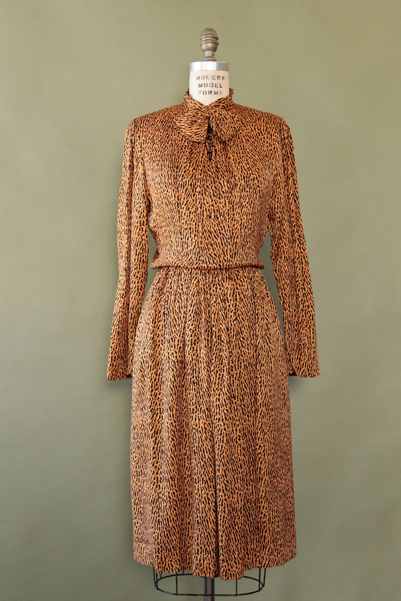 Fine Silk Animal Print Bow Dress M