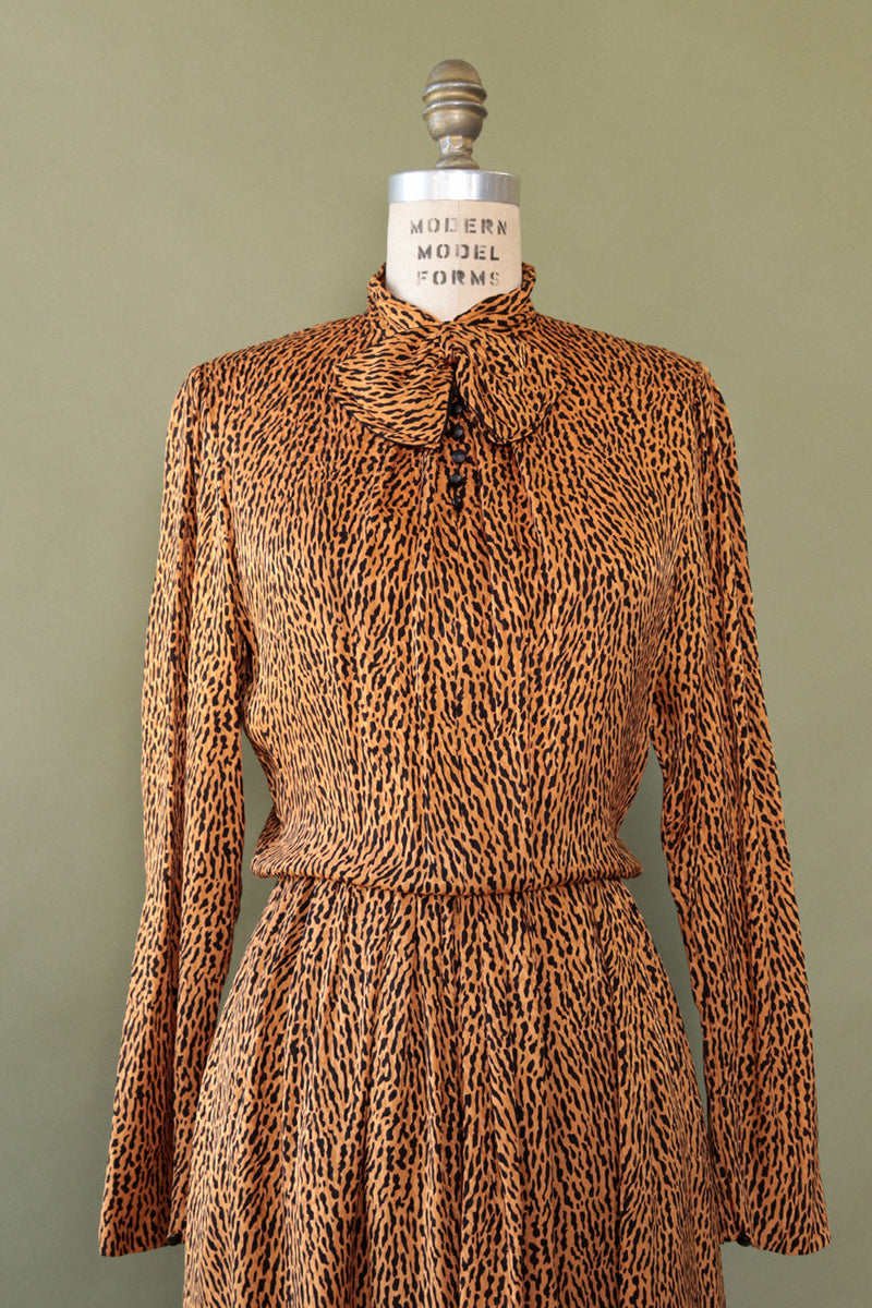 Fine Silk Animal Print Bow Dress M