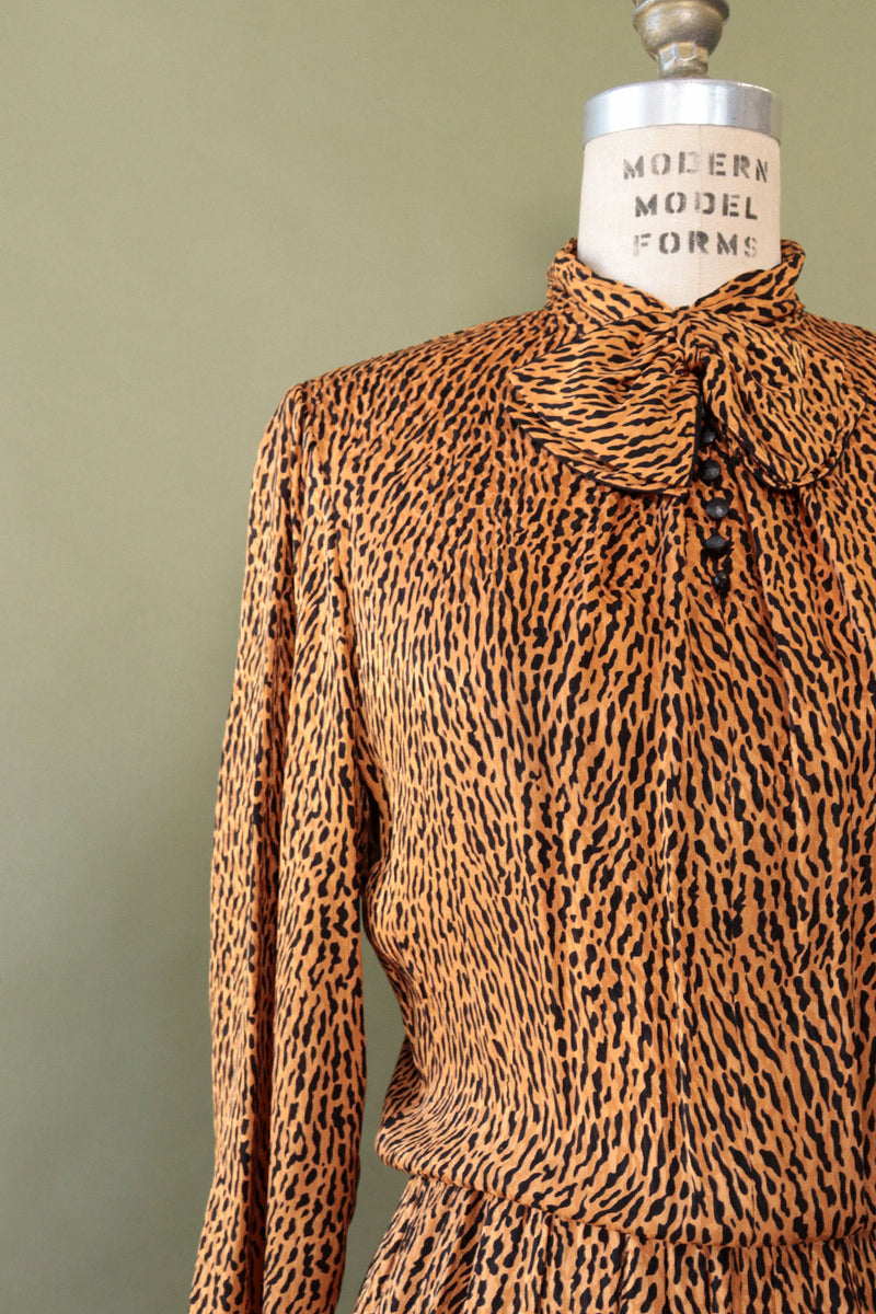 Fine Silk Animal Print Bow Dress M
