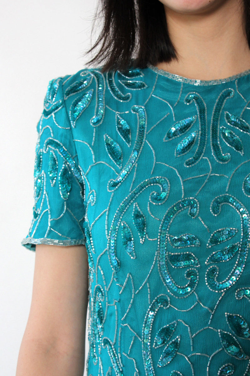 Turquoise Beaded Silk Dress S/M