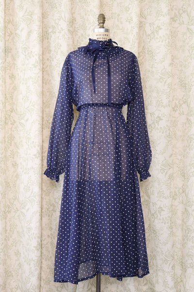 Sheer Navy Polka Dot Dress M OMNIA Sheer Navy Polka Dot Dress M OMNIA