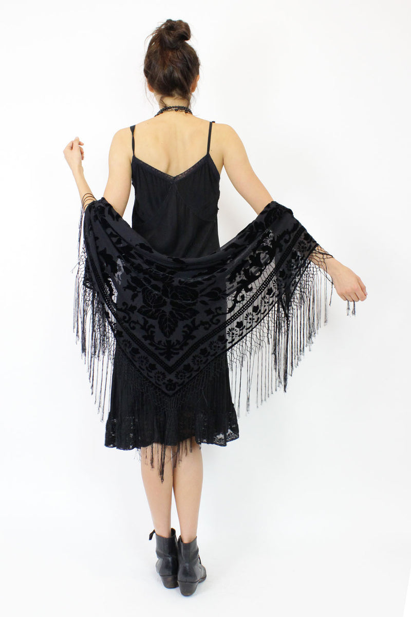 noir velvet burnout fringe shawl