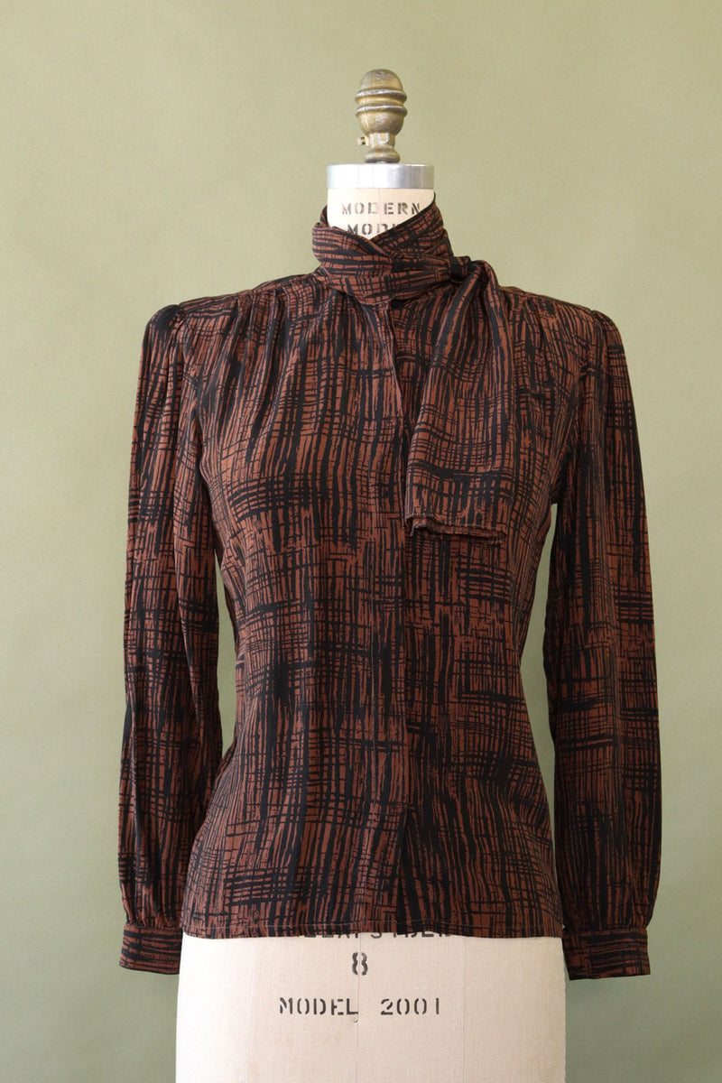 Bark Brown Silk Tie Blouse S/M