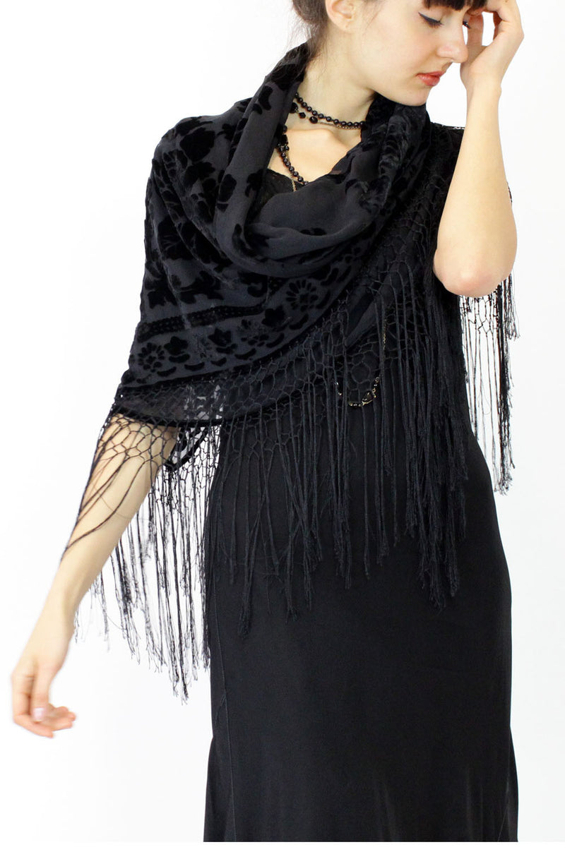 noir velvet burnout fringe shawl