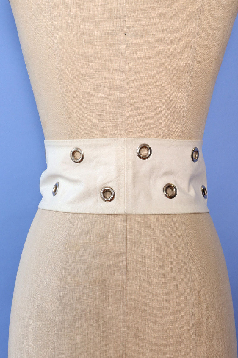 Wide White Leather Grommet Belt XS-M