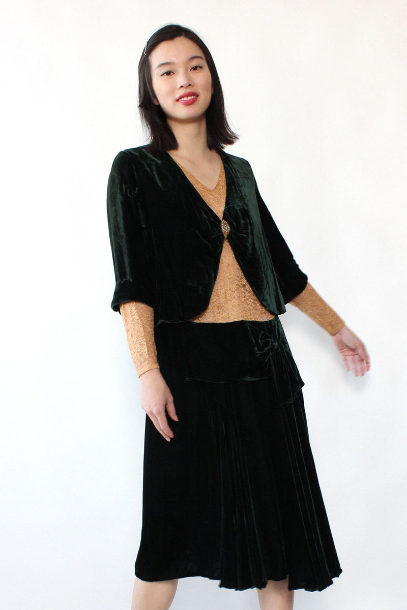 Ivy Silk Velvet & Lace 1920s Dress S/M