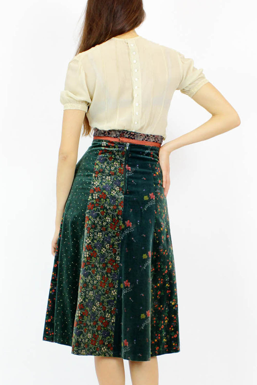 emerald velvet floral skirt XS