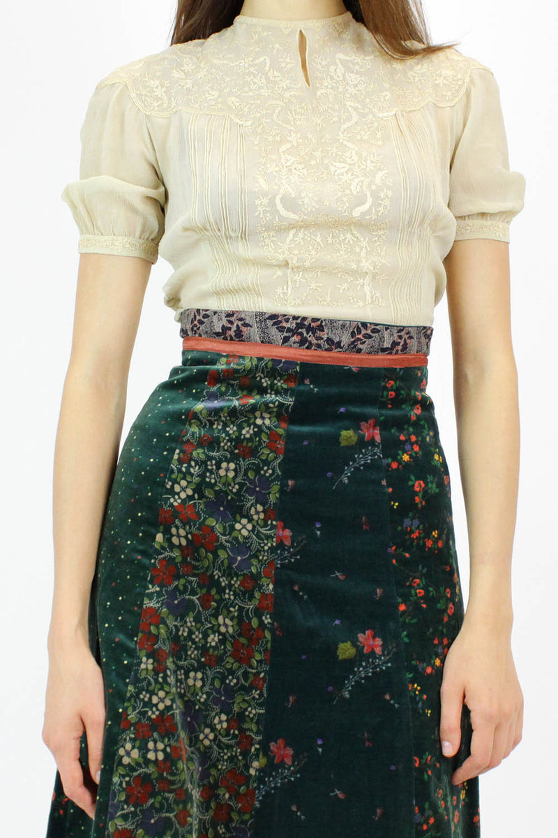 emerald velvet floral skirt XS
