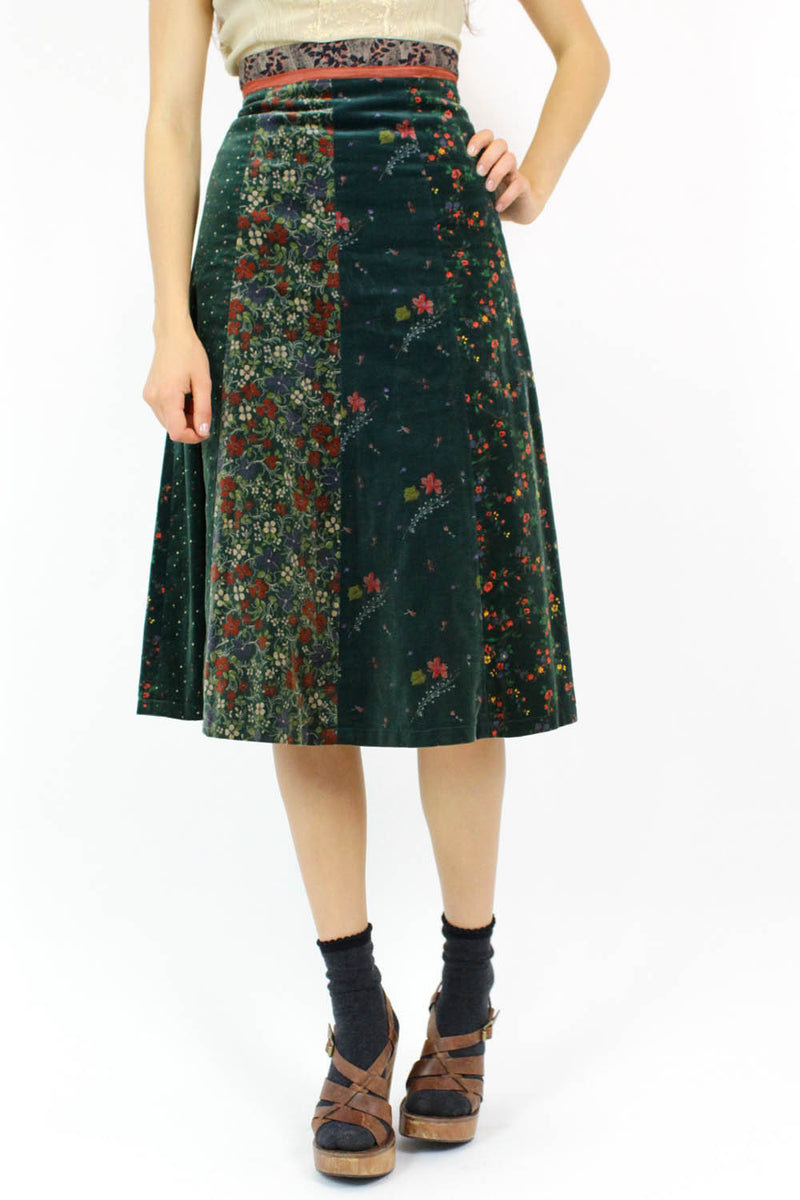 emerald velvet floral skirt XS