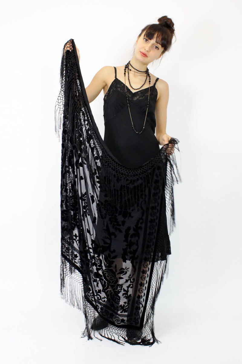 jet black velvet burnout fringe shawl