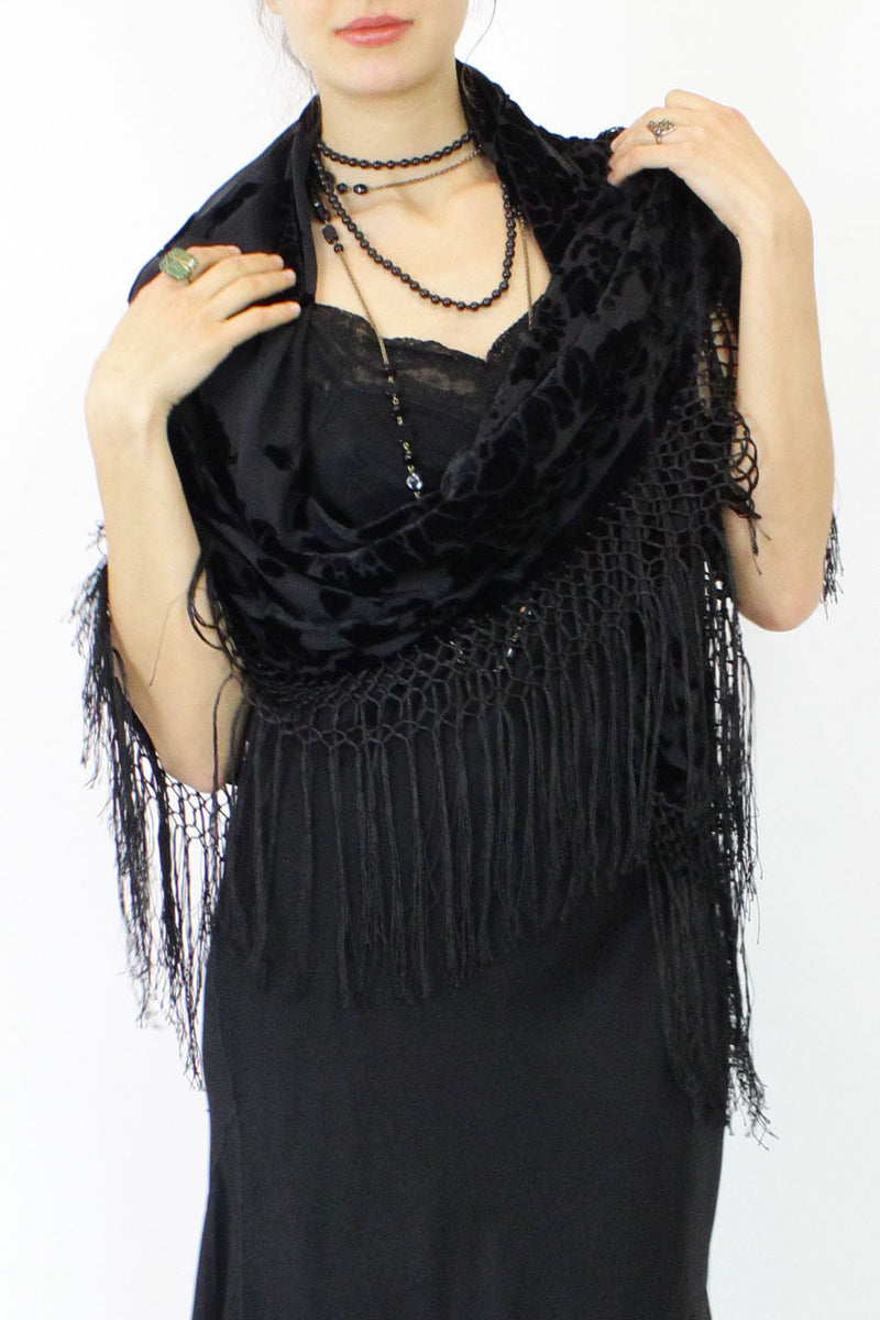 jet black velvet burnout fringe shawl