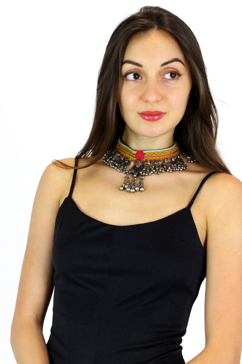 embroidered tribal choker with bells