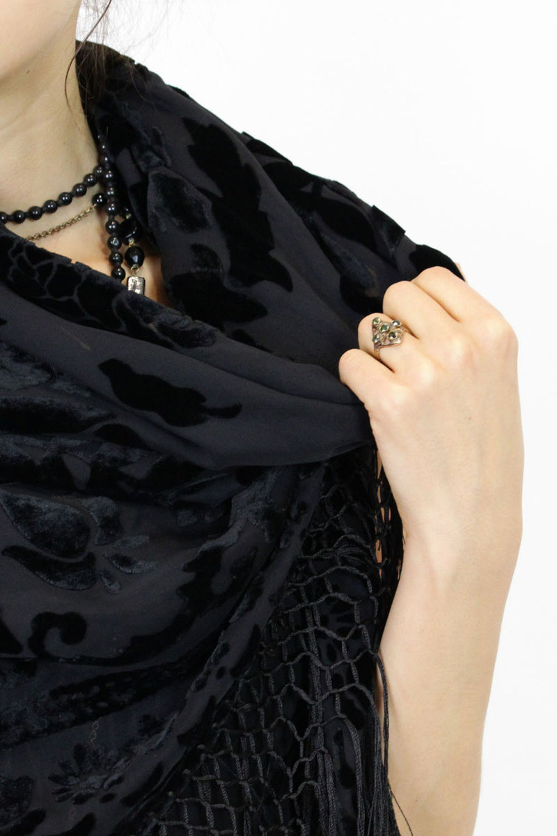 jet black velvet burnout fringe shawl