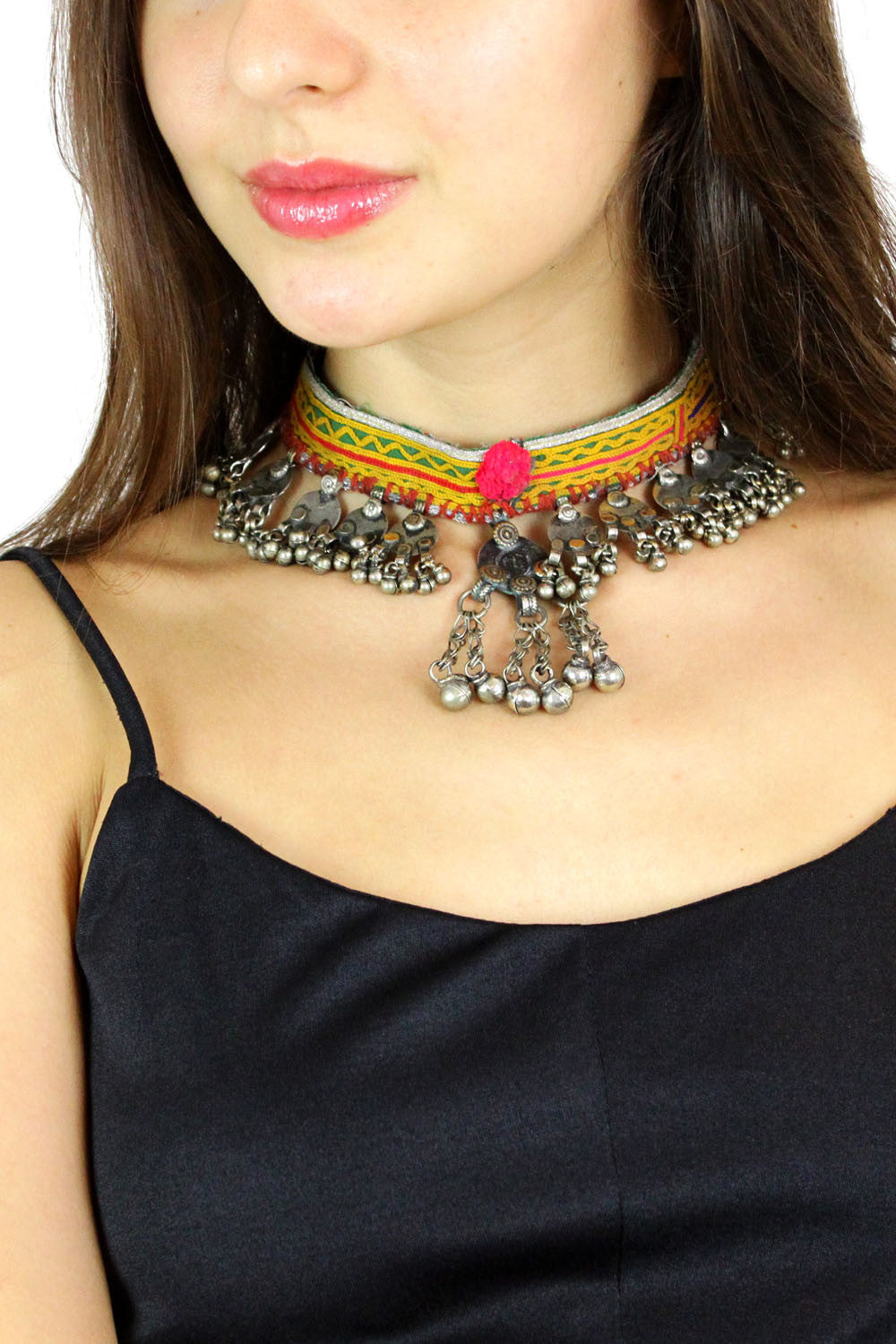 embroidered tribal choker with bells