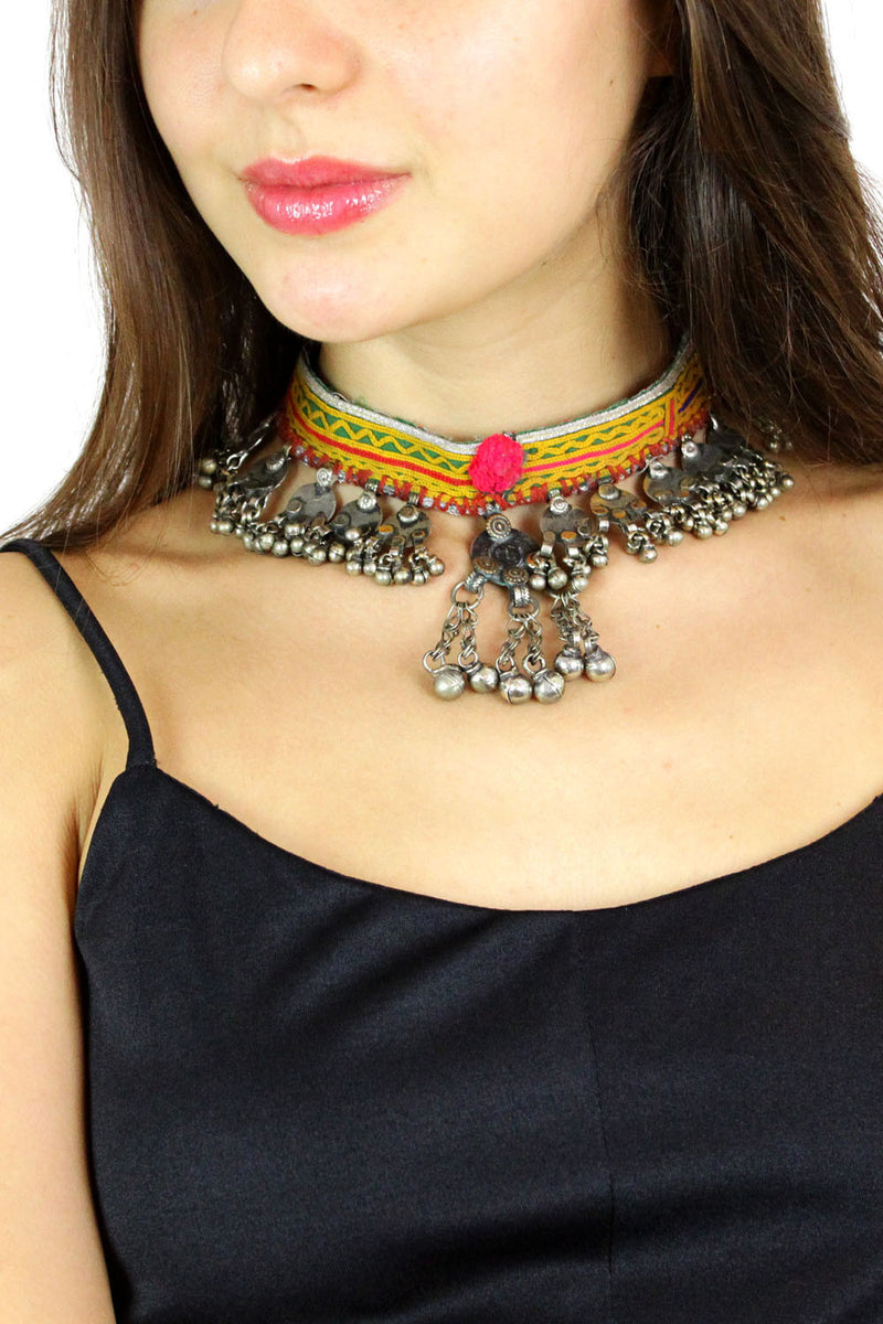 embroidered tribal choker with bells