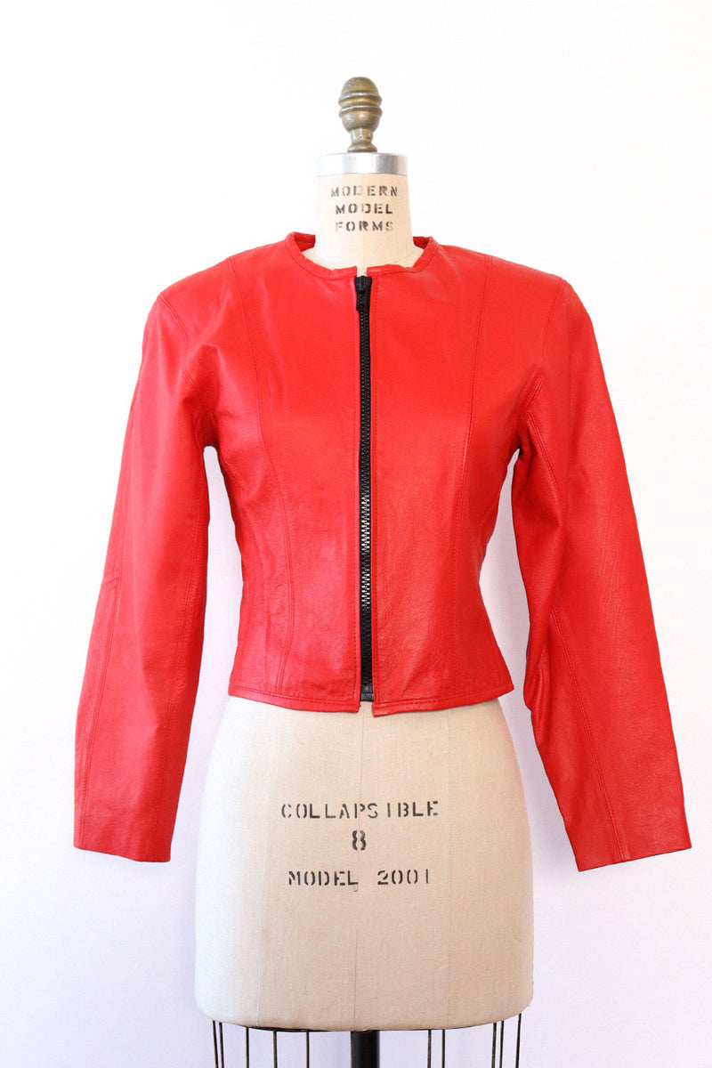 Lipstick Red Leather Zip Jacket XS/S