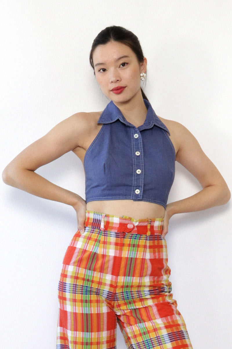 Collared Chambray Halter Top M