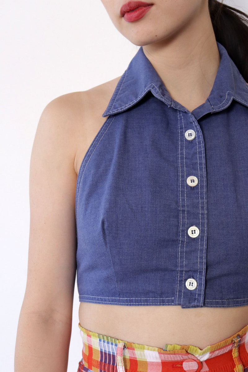 Collared Chambray Halter Top M