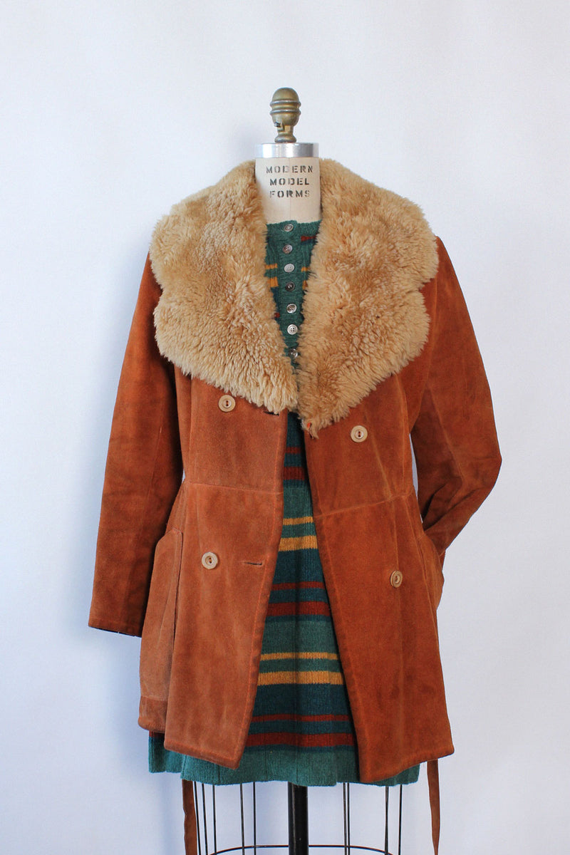 Rust Suede Shearling Collar Coat M