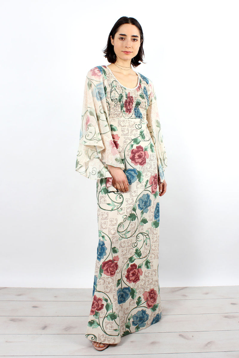 Cream Chinoiserie Angel Sleeve Dress XS-M