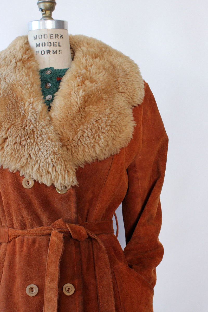Rust Suede Shearling Collar Coat M