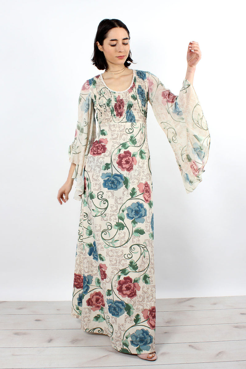 Cream Chinoiserie Angel Sleeve Dress XS-M