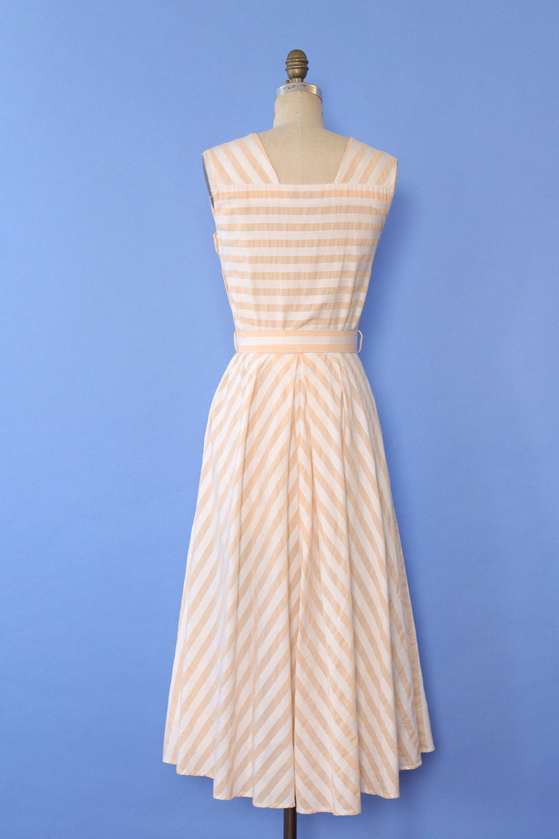 French Peach Striped Flare Dress S/M