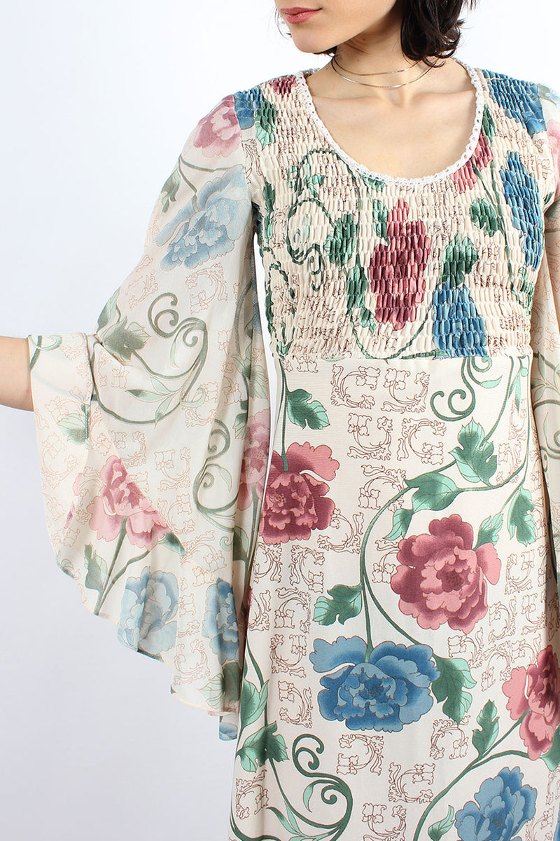 Cream Chinoiserie Angel Sleeve Dress XS-M