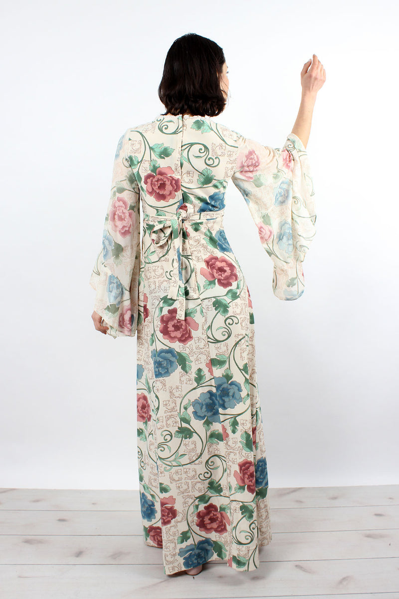Cream Chinoiserie Angel Sleeve Dress XS-M