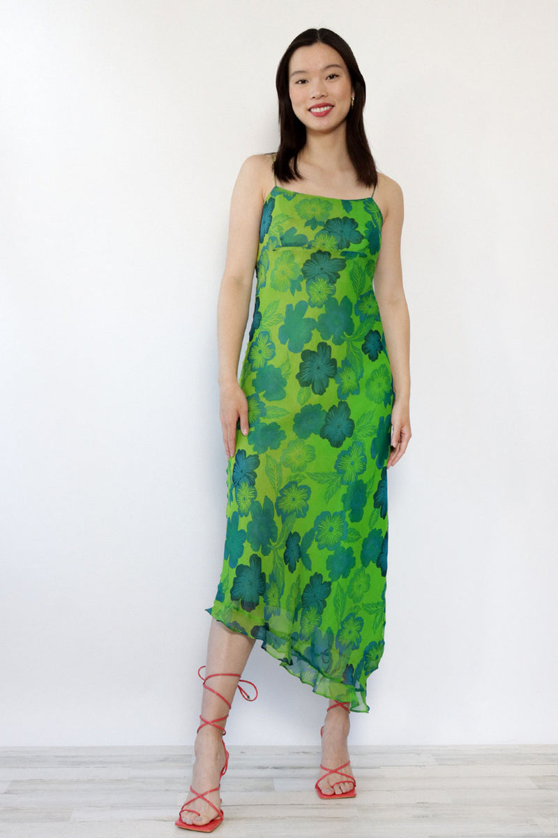 Y2K Green Silk Bias Cut Dress L