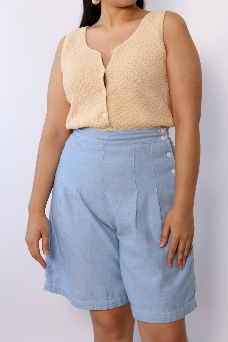 Chambray Pleat 1940s Shorts L