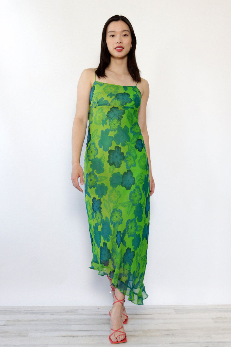 Y2K Green Silk Bias Cut Dress L