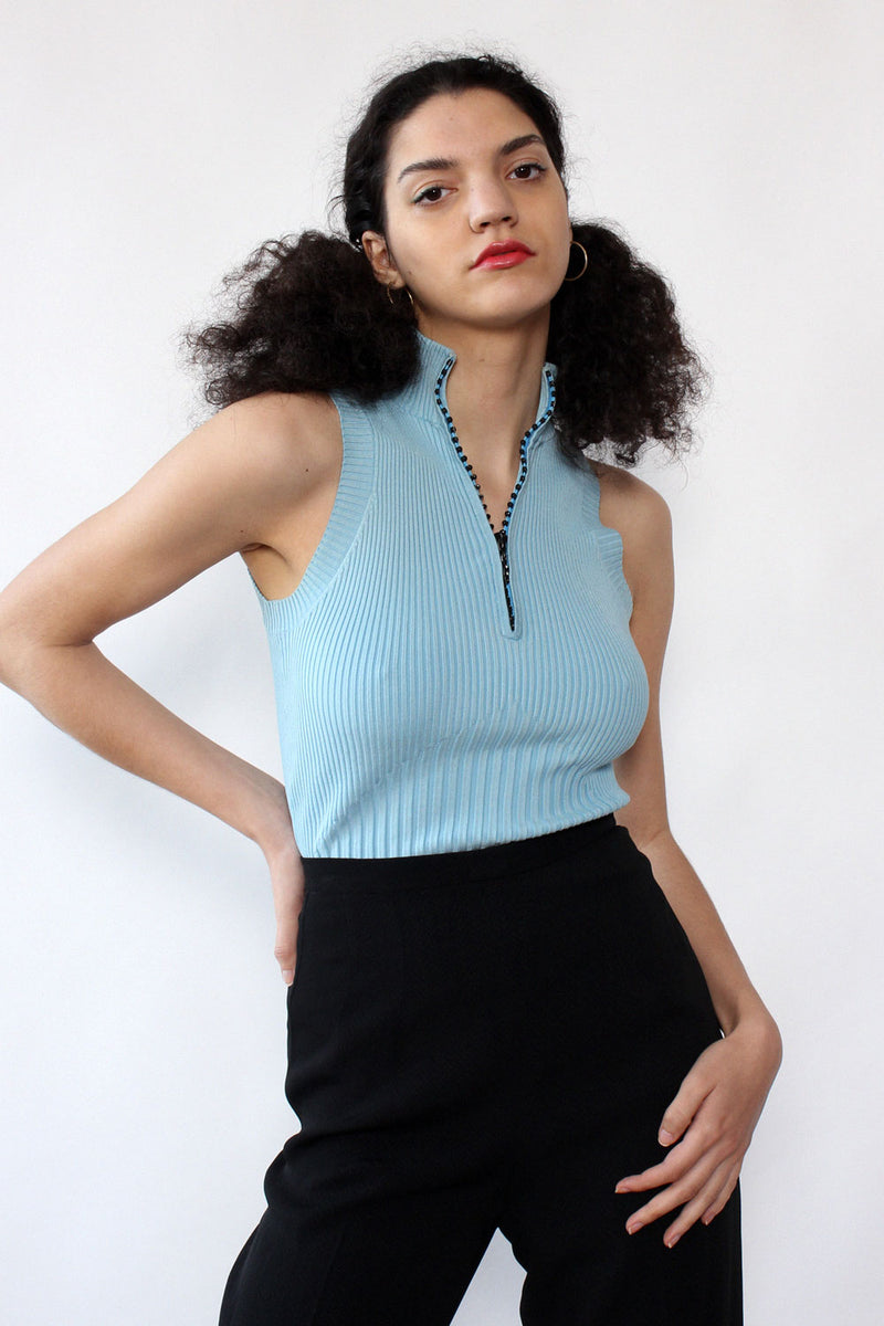 Zip Ribbed Knit Top XS-M