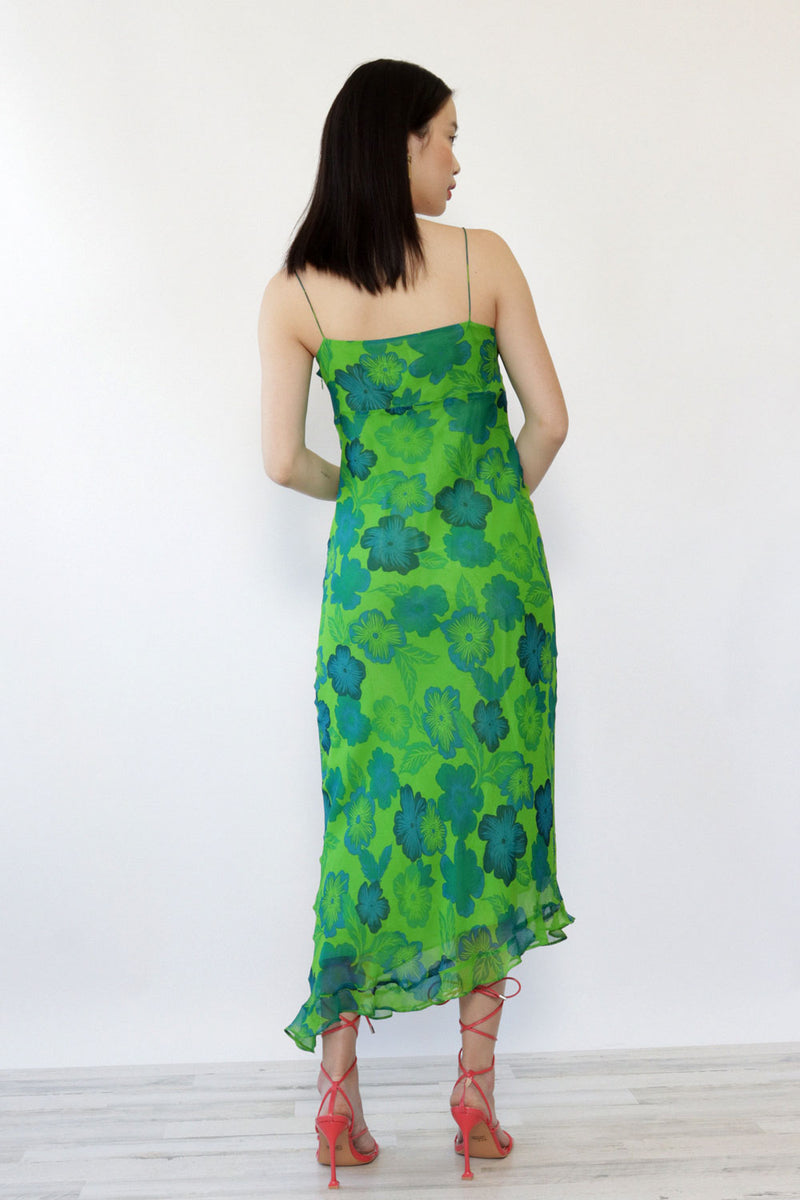 Y2K Green Silk Bias Cut Dress L
