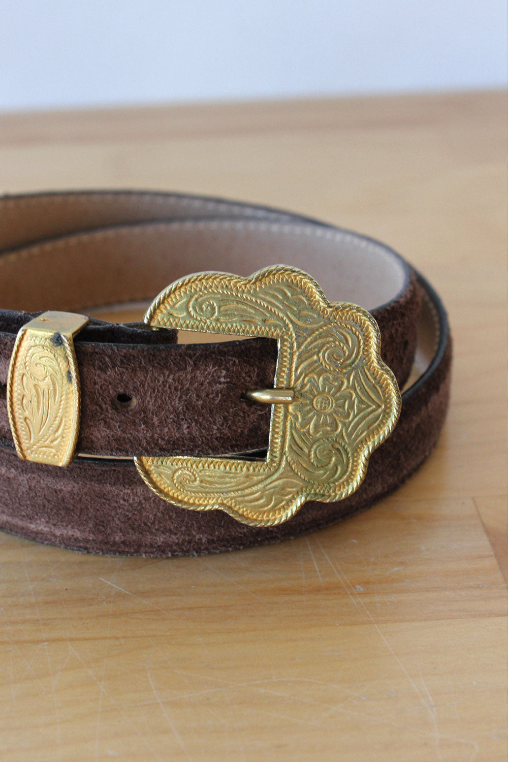 Etched Brass Suede Belt S-L