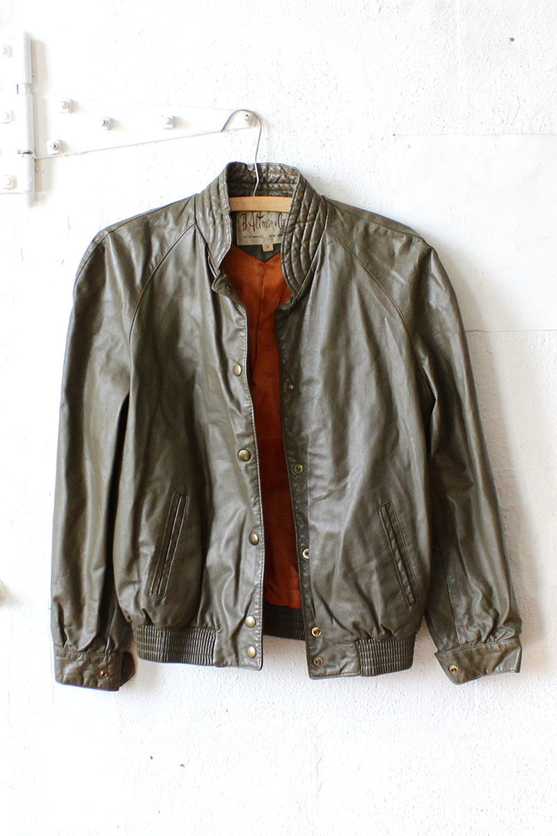 B. Altman Olive Leather Bomber Jacket S/M