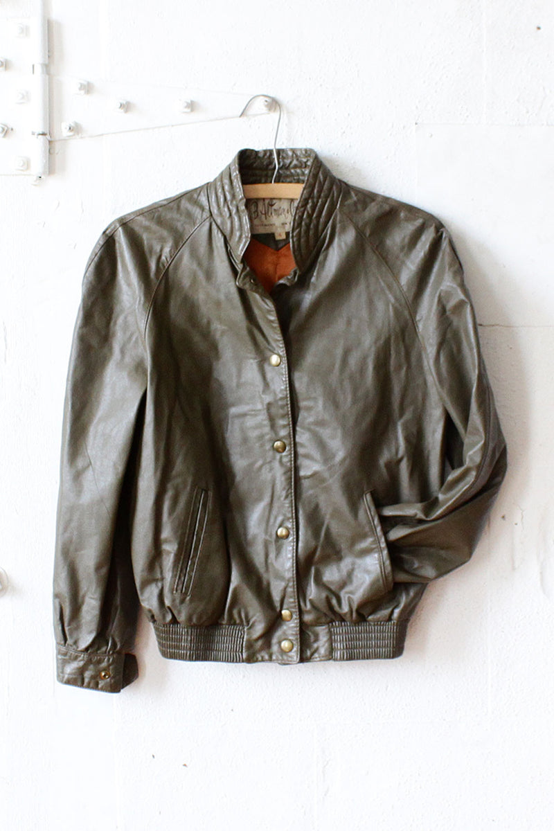 B. Altman Olive Leather Bomber Jacket S/M