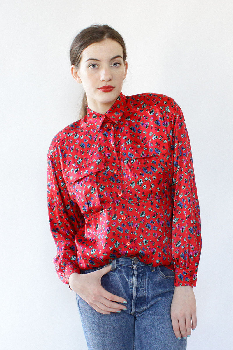 Escada Silk Satin Bouquet Blouse M/L