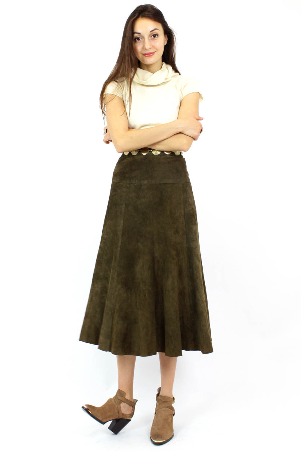 olive green suede midi skirt XS