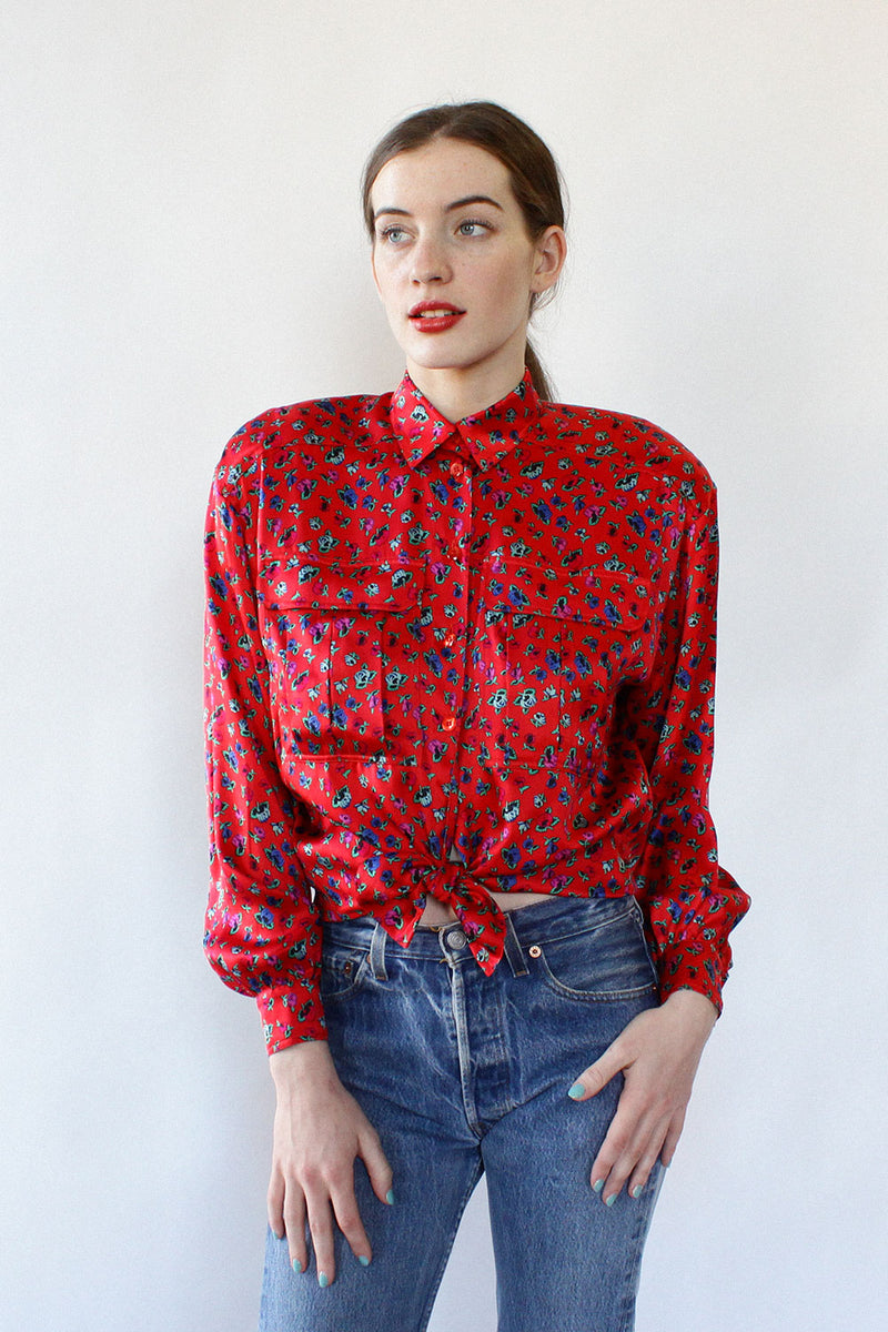 Escada Silk Satin Bouquet Blouse M/L