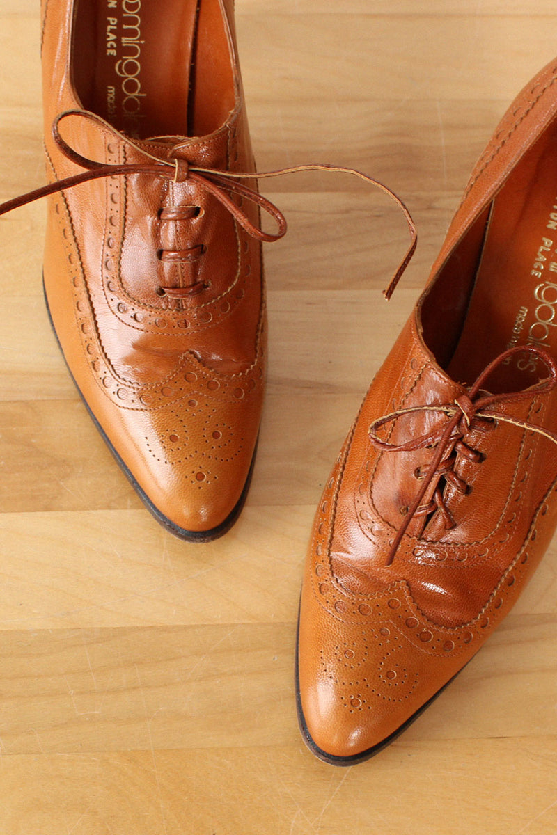 Amber Leather Pointy Wingtip Heels 7.5