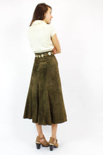 olive green suede midi skirt XS