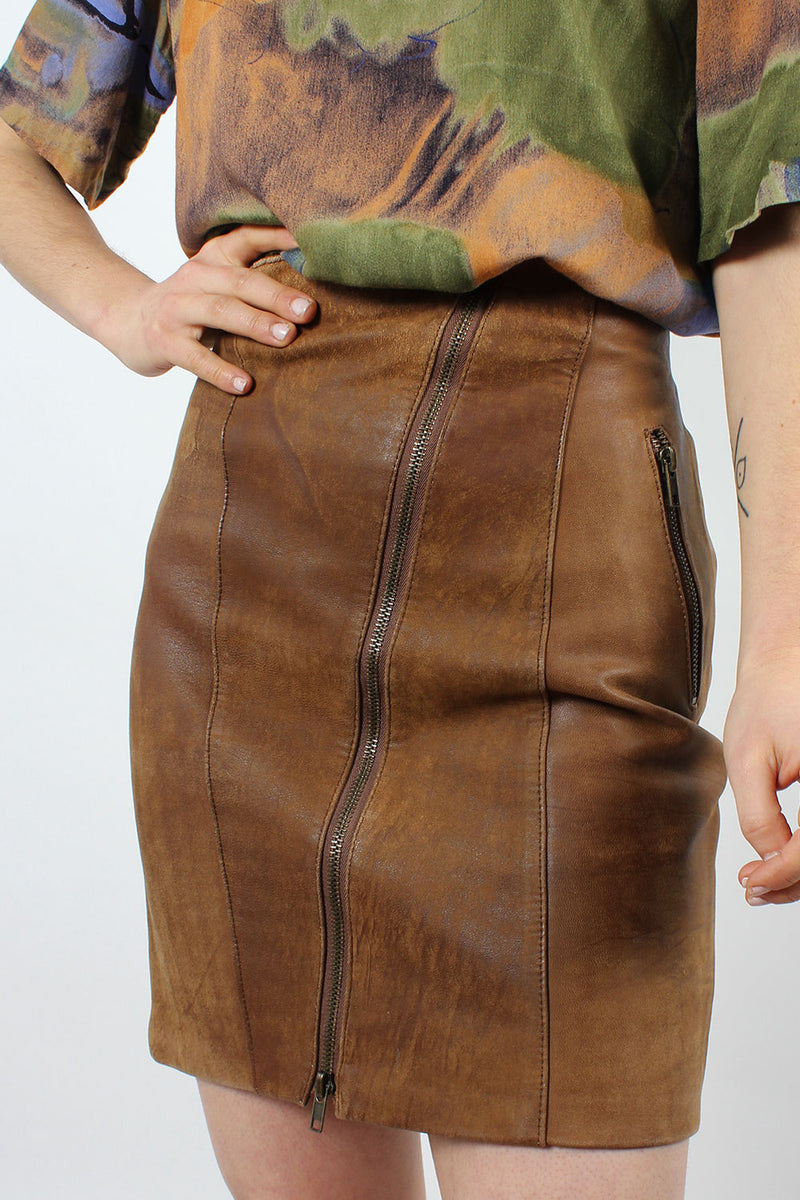 Chestnut Leather Zip Skirt XXS
