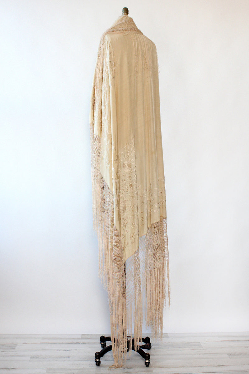 Ecru Embroidered Silk Piano Shawl