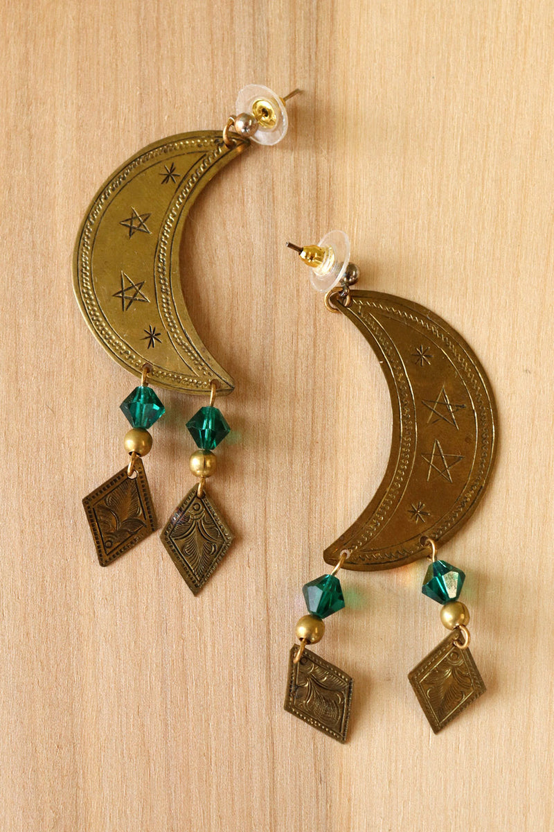 Brass Moon Crystal Earrings