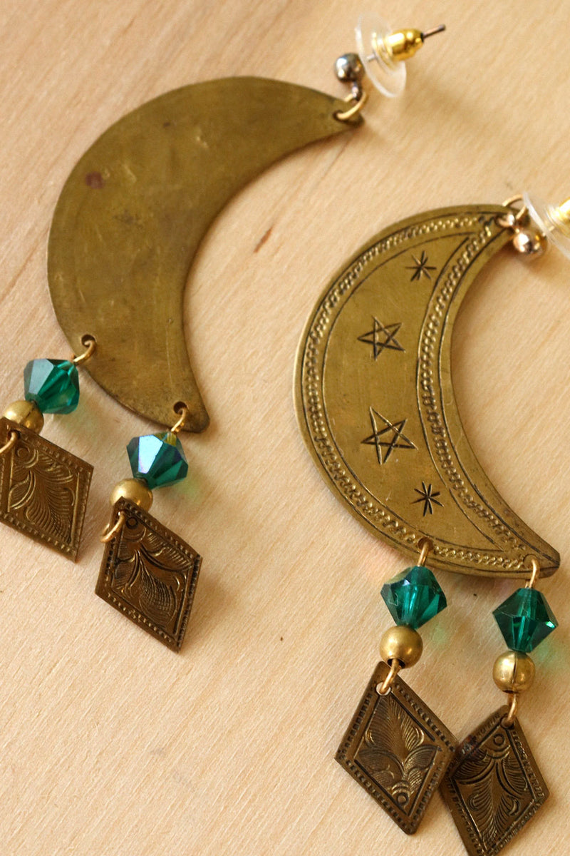 Brass Moon Crystal Earrings