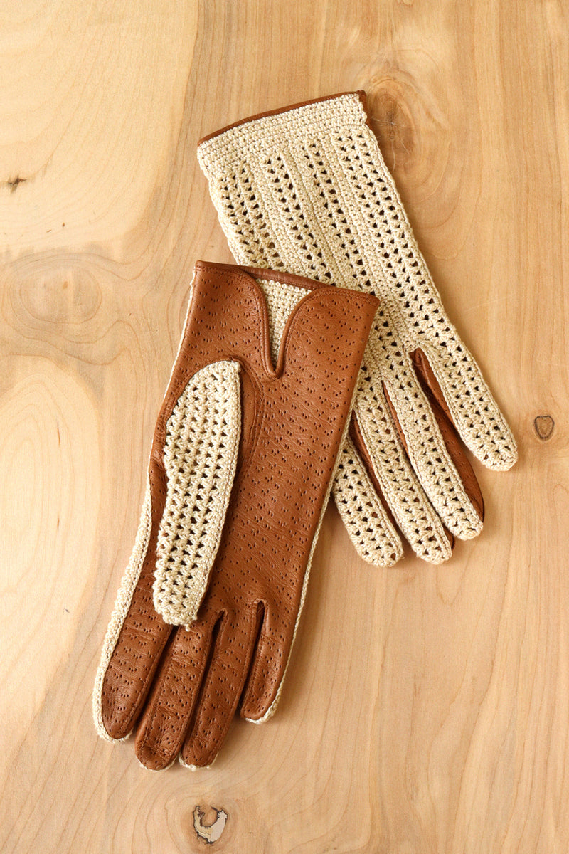 Crochet Tan Leather Gloves