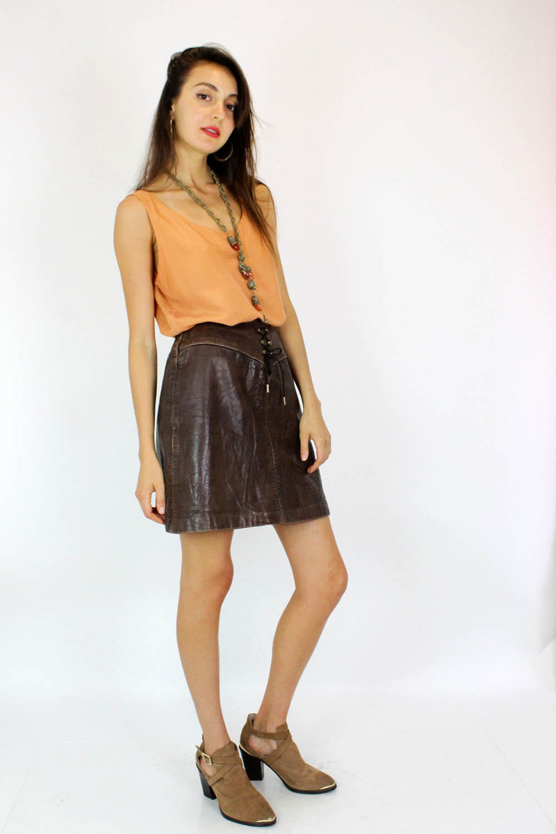 60s Leather Lace-Up Skirt M