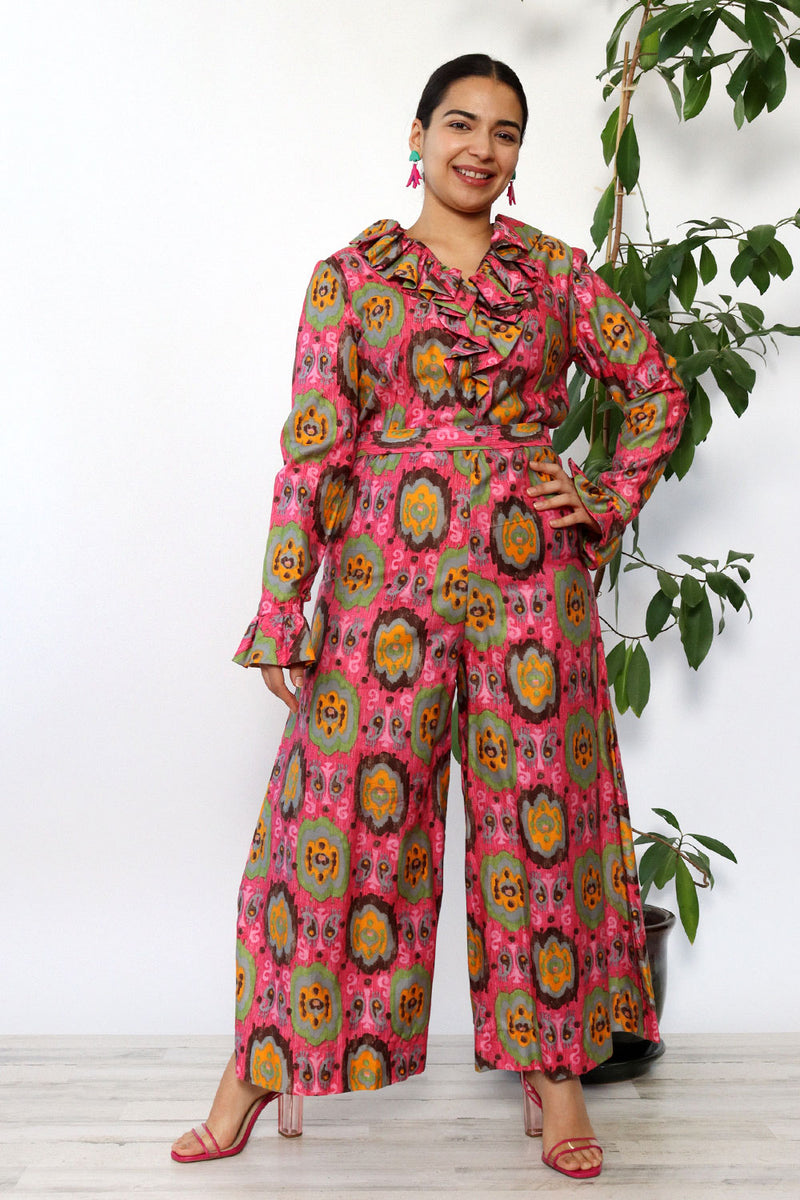 Ikat Ruffled Palazzo Jumpsuit L